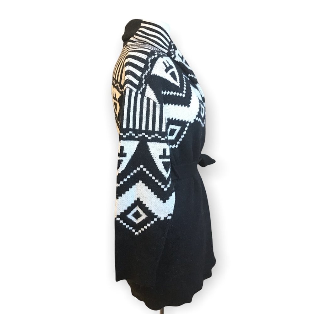 RACHEL ROY BLACK WHITE WOOL Belted CARDIGAN Sweater - Picture 2 of 6